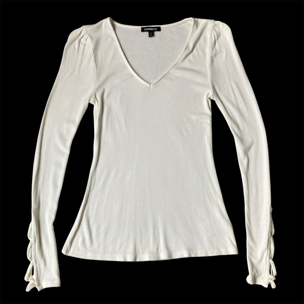 Express Y2K Lace Up Cuff Long Sleeve Tee Women XS Cream Romantic V-neck Rib Knit